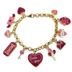 Valentines Day Charm Bracelet Gold Red Pink Glitter Hearts Love XOXO